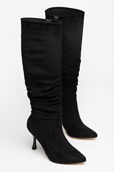 Hayalimdeki Ayakkabı Tmara Women's Black Suede Drawstring Zippered Heeled Long Boots