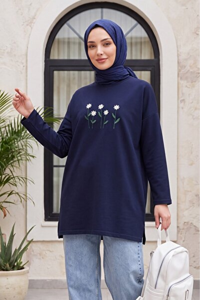 Modamorfo Daisy Embroidered Round Neck Combed Cotton Tunic - Dark Blue