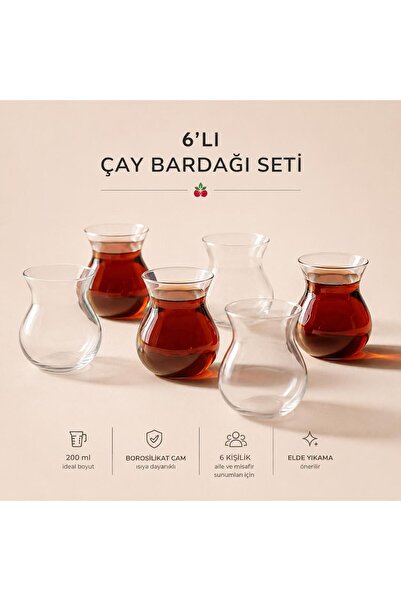 BATBAT 6'lı Borosilikat 200 ml Çay Bardağı Keyf-i Ala Cam Çay Seti - Refikada...