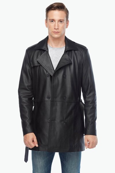 Deriza Genuine Lambskin Double-Breasted Men's Trench Coat Black