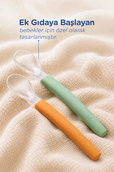 Wee Baby 2’Li Yumuşak Uçlu Silikon Mama Kaşığı Seti Ek Gıdaya Geçiş Beslenme Kaşığı Yeşil Turuncu