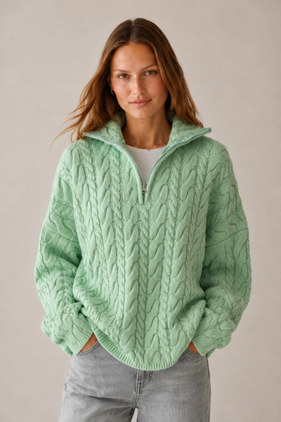 LOOSH Kadın Mint Yakası Fermuarlı Örgü Desen Oversize Kazak