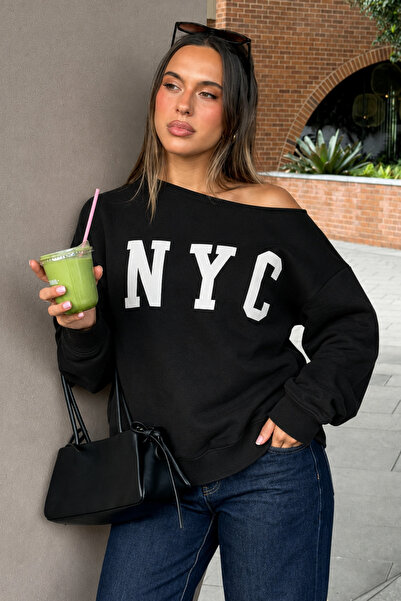 Seeh Siyah Kayık Yaka Oversize Baskılı Kadın Sweatshirt SH204