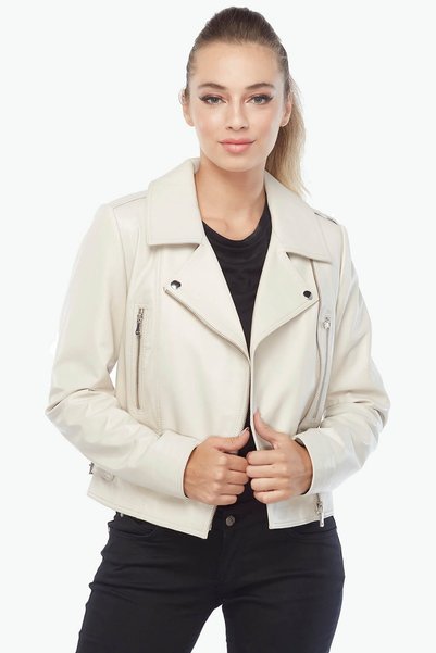 Deriza Nera Genuine Lambskin Biker Women's Coat Beige