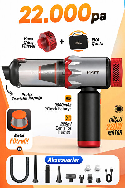 Matt Authentic Craftsman MATT MCV22 Şarjlı Araç Süpürgesi Kırmızı 22.000Pa Gü...