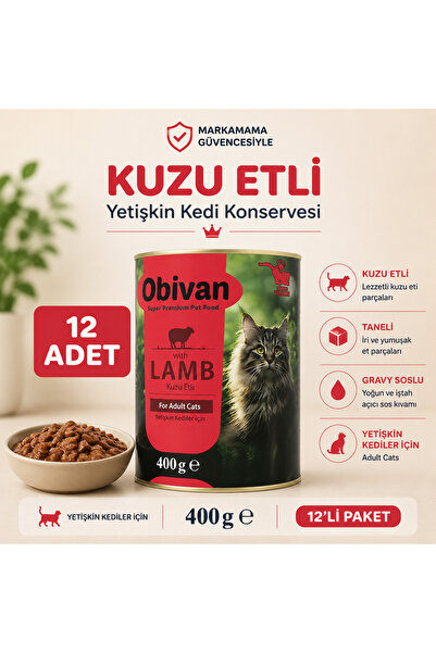 obivan Kuzu Etli Sos İçinde Gravy Yetişkin Kedi Konservesi 400 gr x 12 Adet