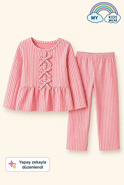 My Kids Wear Kız Çocuk Çizgili Fırfırlı Pijama Takımı 5-16 Yaş 12044