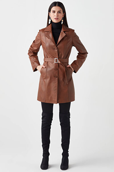 Deriza Sensilo Genuine Lambskin Women's Trench Coat with Belt in Tan