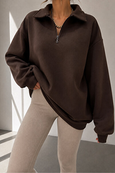 Sun Victoria Dámská hnědá mikina Polo Neck Oversize 3 nitě žebrovaná mikina