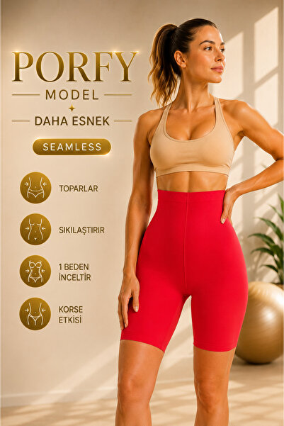 MİSTİRİK Porfy Model Dikişsiz Esnek Şort Spor Korse Kırmızı Renk 091