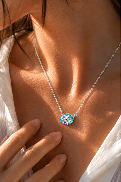 Spossy Silver Jewelry 925 Ayar Gümüş, Silver, Aqua Taşlı Kaplumbağa Kolye