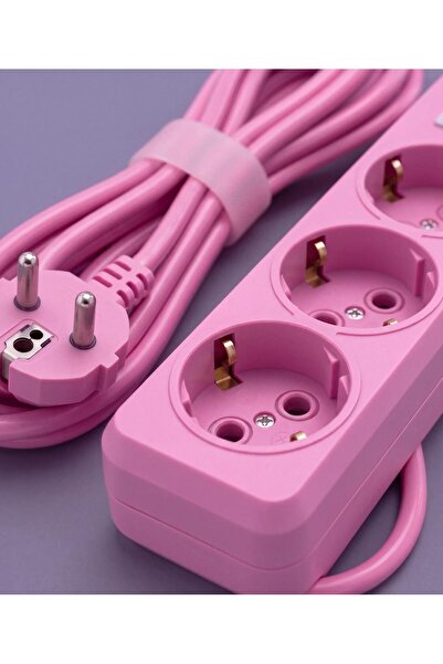 FIRSAT YOLU Üçlü Topraklı Anahtarlı Grup Priz 3 Metre Pembe