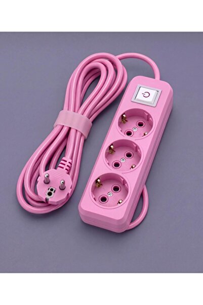 FIRSAT YOLU Üçlü Topraklı Anahtarlı Grup Priz 3 Metre Pembe