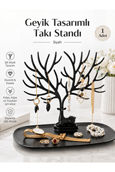 optana Siyah Geyik Tasarımlı Takı Mücevher Standı Yüzük Küpe Kolye Askı