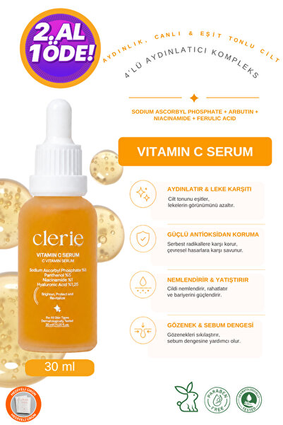 Clerie Cosmetics C Vitamini Cilt Serumu 30 ml – Ton Eşitleme, Aydınlatıcı Bak...