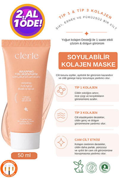 Clerie Cosmetics Kolajen İçerikli Soyulabilir Yüz Maskesi – 1 Saatte Cam Cilt...