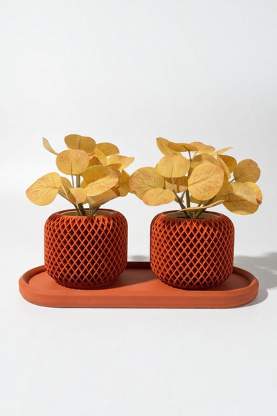 Lea Concept Beton Saksı Facet Grid 2'li Set Tepsili Terracotta