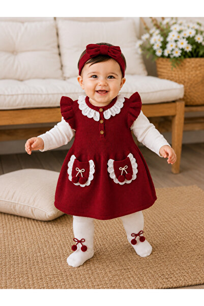 BES TREND Baby Girl Burgundy Knitwear Dress Pantyhose Set Lace Collar Ruffle ...