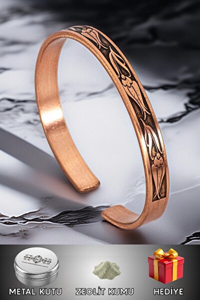 OSMANLI GÜMÜŞ Women's Copper Bracelet - Thin Copper Bracelet with Floral Embr...