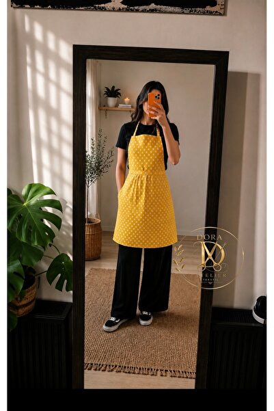 dora ev tekstıl Kitchen & Chef Apron Yellow Polka Dot《Duck Fabric》
