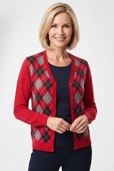 Desen Triko Women's V-Neck Front Checkered Cardigan Dark Red
