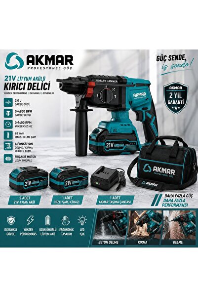 Şarjlı Çift Akülü Darbeli Kırıcı Delici Hilti Kömürsüz Motor 2-26 Mm 21V 4AMPER Profesyonel