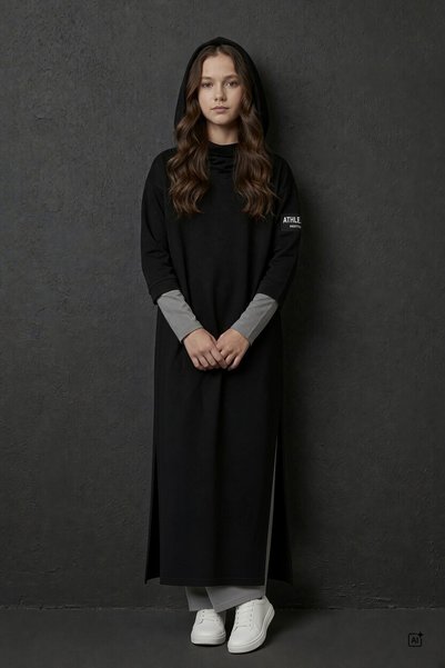 CansınMini Black Hooded Tunic Dress and Pants Girls' 3-Piece Set 24745