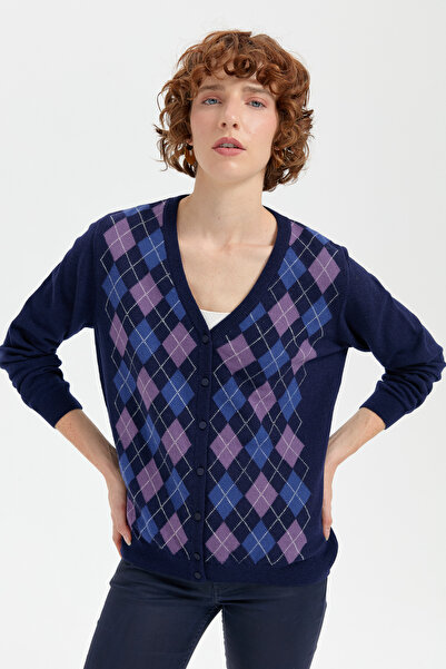 Desen Triko Women's V-Neck Cardigan with Diamond Pattern on the Front Y.A Nav...