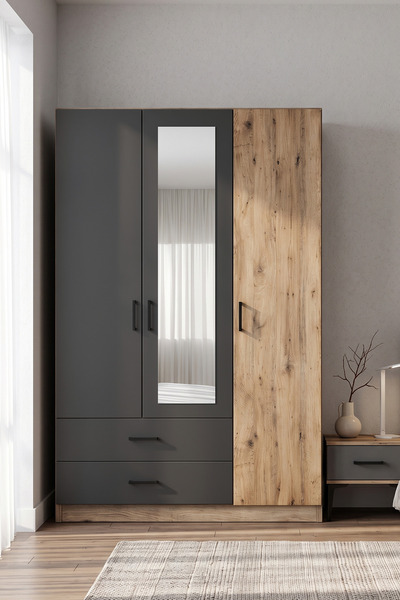 Canisa Letrina 3 Kapaklı Gardırop Antrasit Meşe Aynalı , Çekmeceli Modern Yat...
