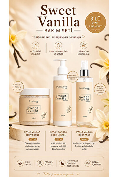 Pure Love Care Sweet Vanilla Vücut Spreyi + Vücut Losyonu + Vücut Peelingi