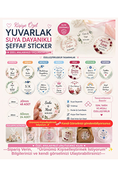 Seçkin Trend Kişiye Özel Şeffaf Suya Dayanıklı 30x30mm-Yuvarlak Etiket Sticke...