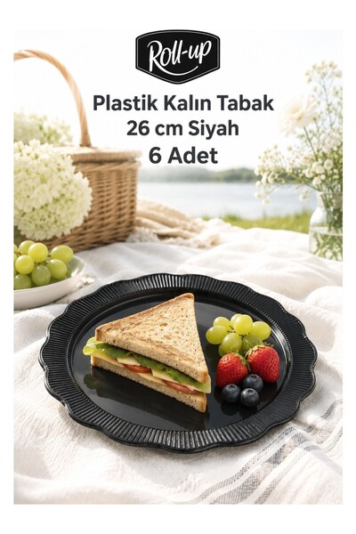 Roll-Up Plastik Kalın Tabak Büyük 26cm Siyah 6 Adet