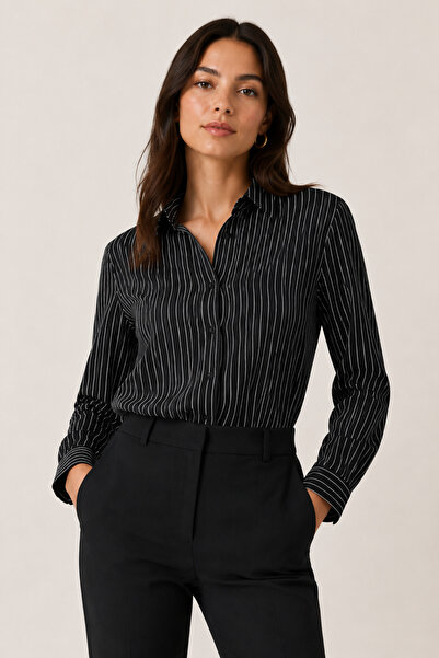 Nuevo Black Striped Woven Women's Shirt Long Sleeve Stylish Patterned Casual ...