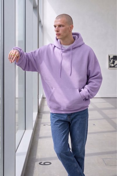NO 601 Erkek Lila Desensiz Düz Kapşonlu Kışlık Sweat