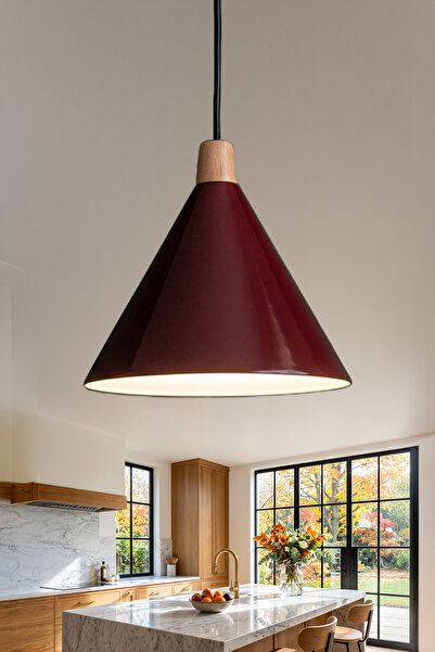 Marrien Cone Bohem Ahşap Bordo Metal Sarkıt (25 cm) Yemek Masası Üstü Avize M...