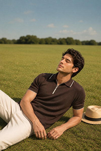 Ferraro Brown Collar Stripe Zippered Men's Cotton Knitwear T-Shirt