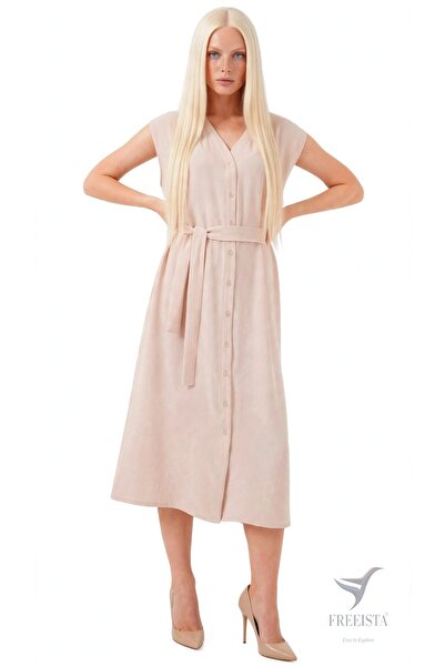 Freeista Women's Beige Zero Sleeve Belted Ayrobin Dress