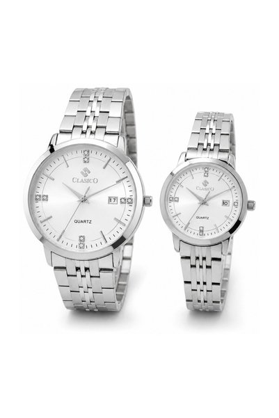 Clasico Signature Couple Watches Set for Men & Women – Elegant Tone Matching Couple Quartz Watches – Silver Case