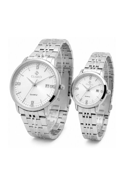Clasico Signature Couple Watches Set for Men & Women – Elegant Tone Matching Couple Quartz Watches – Silver Case
