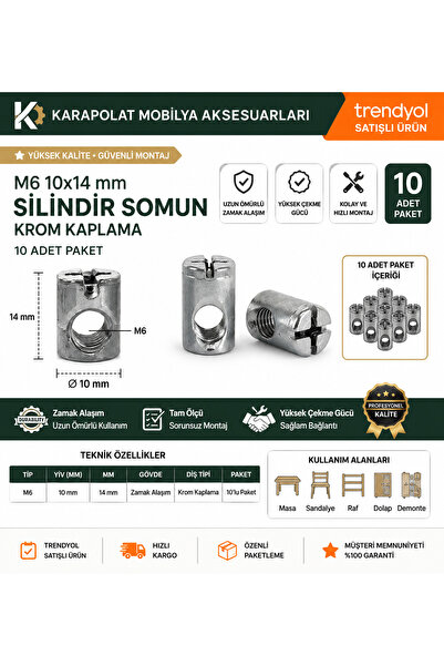 KARAPOLAT 10 Adet M6 10X14 Silindir Somun