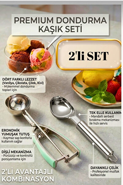 BRE HOME 2'li Premium Paslanmaz Çelik Dondurma Kaşığı Seti| Profesyonel Manda...