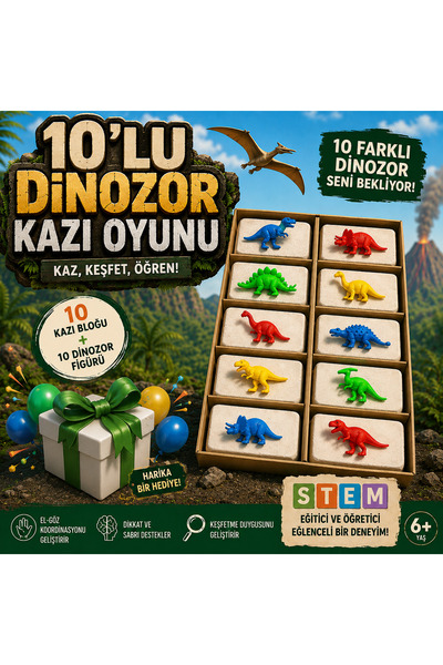 AZİZ OYUNCAK 🦖 10’lu Renkli Dinozor Arkeolojik Kazı Kiti Eğitici Öğretici Bilim Aktivite Seti