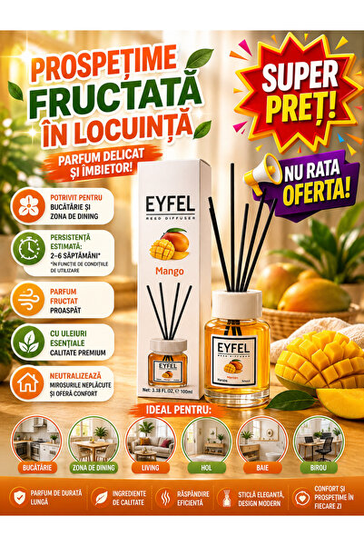 Eyfel Odorizant de Cameră cu Bețișoare Mango, 120 ml, Difuzor Parfumat, Parfu...