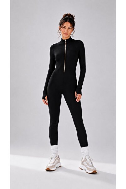 Maison La Femme Black Fleece Fitted Jumpsuit with Gold Zipper