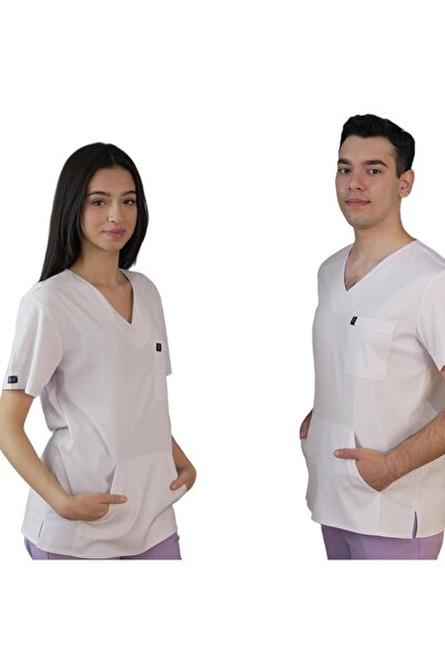 Qule Üniforma Beyaz Unisex Atlas Kısa Kol Kanguru Cep Hemşire & Doktor Üst Sc...
