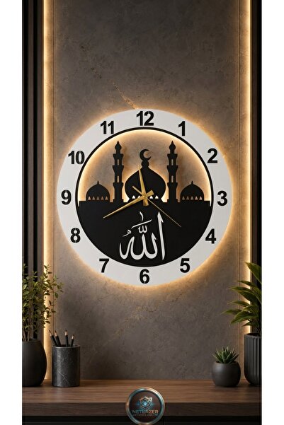 netlazerr Allah Yazılı Cami Desenli Led Işıklı Duvar Saati Beyaz ve Siyah Ren...