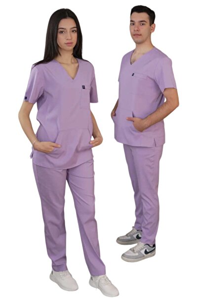 Qule Üniforma Lila Unisex Atlas Kısa Kol Kanguru Cep Hemşire & Doktor Scrubs ...