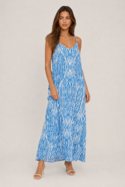 Nuevo Women's Blue and White Zebra Patterned Strappy Maxi Dress – Loose Fit S...