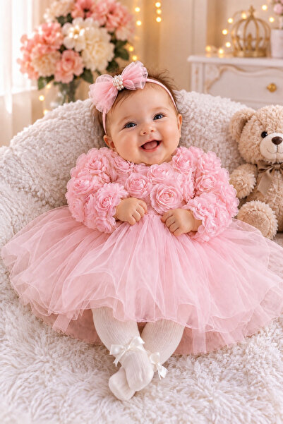 BES TREND GIRL BABY DRESS, ROSE PATTERN, DARK PINK, SNAP BUTTON BOW, ELEGANT ...