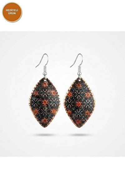 Erol Bakır 100% Handmade Copper |   Copper Gray Orange Leaf Pattern Dangle Ea...